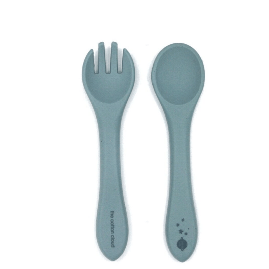 Set fourchette et cuillère en silicone pour bébé et enfant – vert jade | the cotton cloud