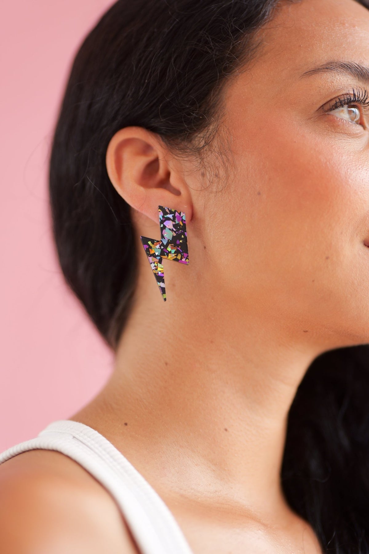 Boucles d’oreilles éclair pailletées Maxi Éclairs Noir Terrazzo - Studio Annette - vue 4