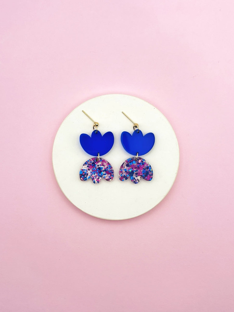 Boucles d’oreilles fleur pendantes Rosette Bleu Confettis Electric