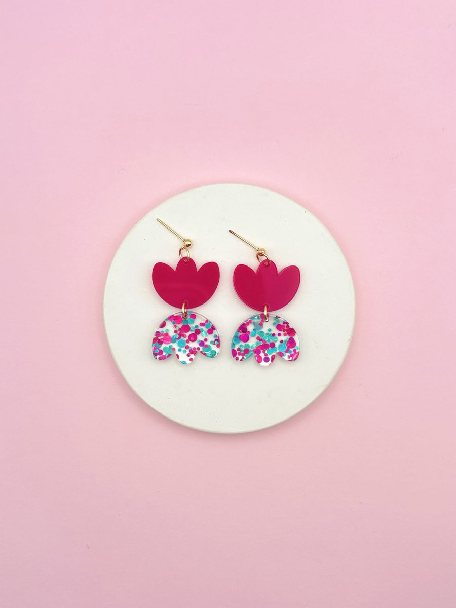 Boucles d’oreilles fleur pendantes Rosette Magenta Confettis