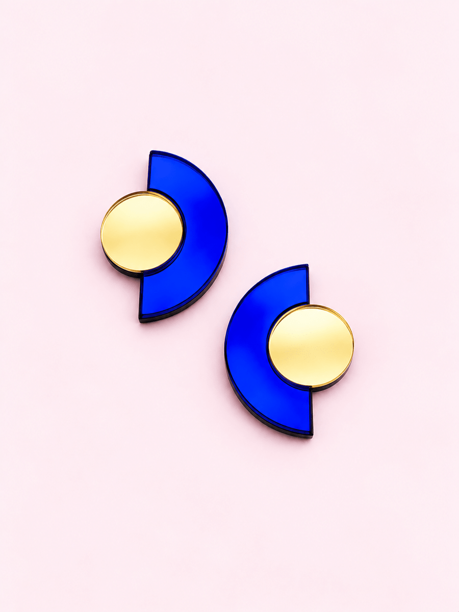 Boucles d’oreilles puces miroir Roseline Or et Bleu Foncé