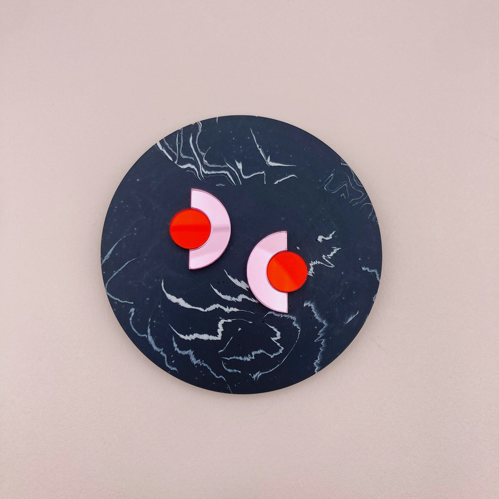 Boucles d’oreilles puces miroir Roseline Rouge et Rose - Studio Annette - vue 2